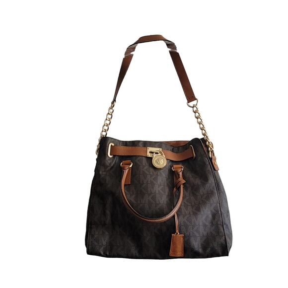 Michael Kors Signature Shoulder Bag Brown with Gold Trim Striking Large - Picture 2 of 13